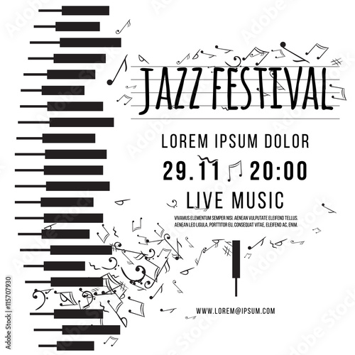 Jazz music festival, poster background template. keyboard with music notes. vector