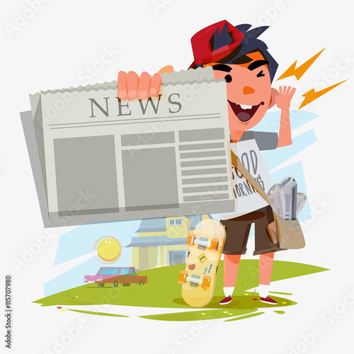 paperboy character showing newspaper and shouting. paperboy with photo