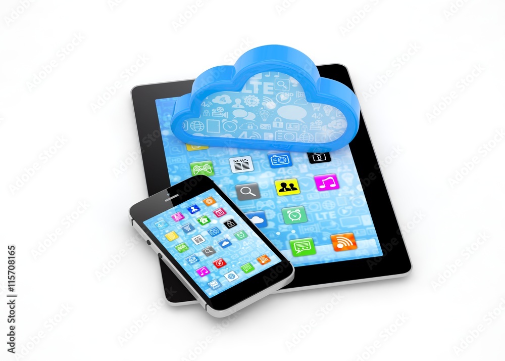 tablet pc, smart phone and cloud. 3d rendering. tablet pc, smart phone and cloud. 3d rendering.