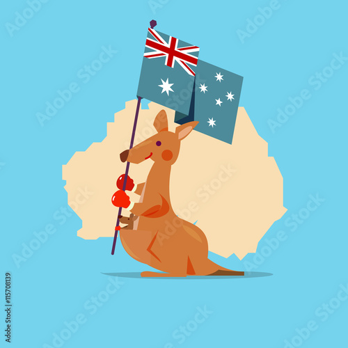 Kangaroo and baby handle Australia flag with map in background.