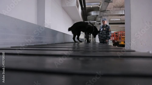 Dog training dog airport checks luggage carousel.