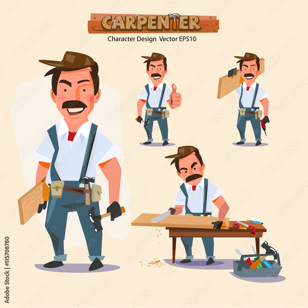 professional carpenter in various action with typographic. caree