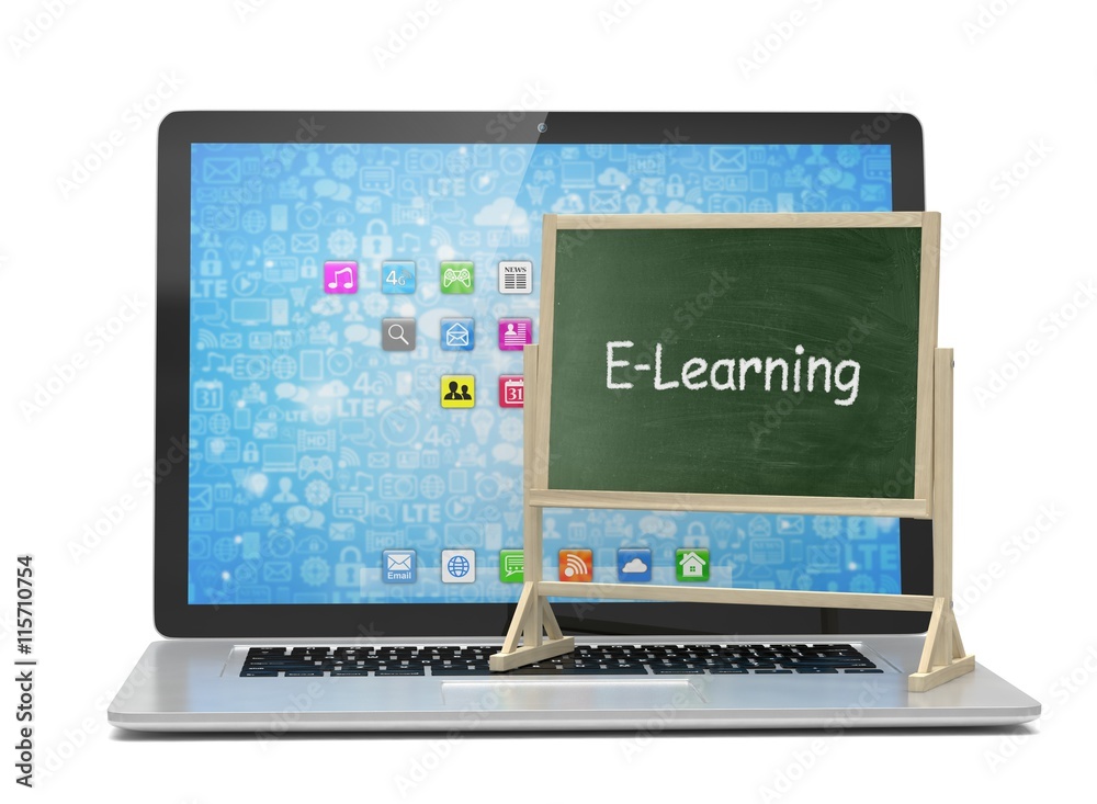 Laptop with chalkboard, e-learning, online education concept. 3d rendering. Laptop with chalkboard, e-learning, online education concept. 3d rendering.