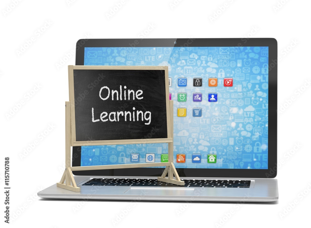 Laptop with chalkboard, online education concept. 3d rendering. Laptop with chalkboard, online education concept. 3d rendering.