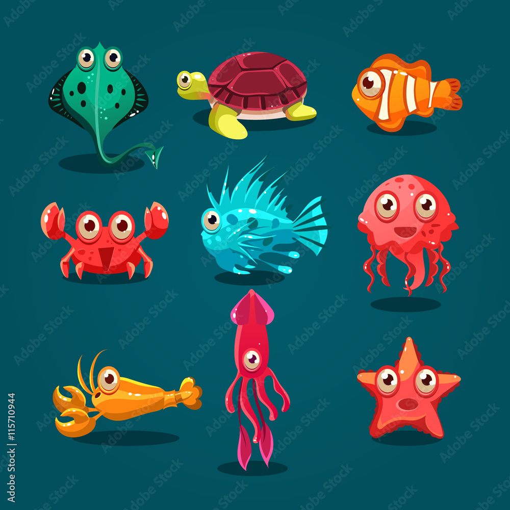 Naklejka premium Cute Sea Life Creatures Cartoon Animals Set