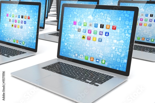 many laptop on white background. 3d rendering.