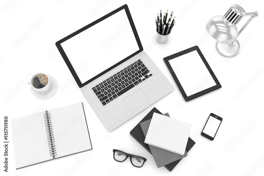 Responsive mockup screens. Laptop, tablet, phone on table. 3d rendering. Responsive mockup screens. Laptop, tablet, phone on table. 3d rendering.