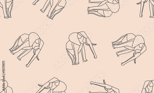Seamless pattern with vector low-poly linear origami elephants..