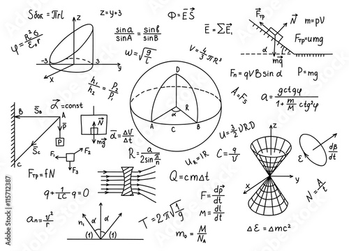 Hand drawn physics formulas Science knowledge education. photo