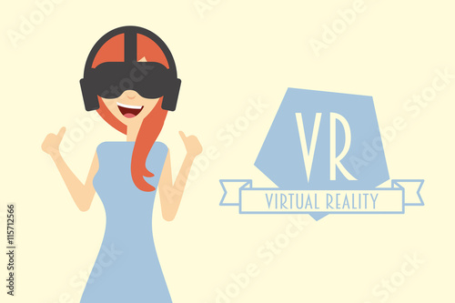 Red hair woman or girl wearing virtual reality headset.