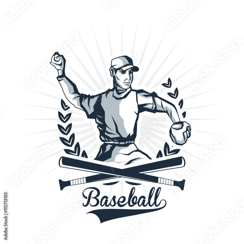 Baseball sport concept represented by cartoon player over wreath icon. Isolated and flat illustration.