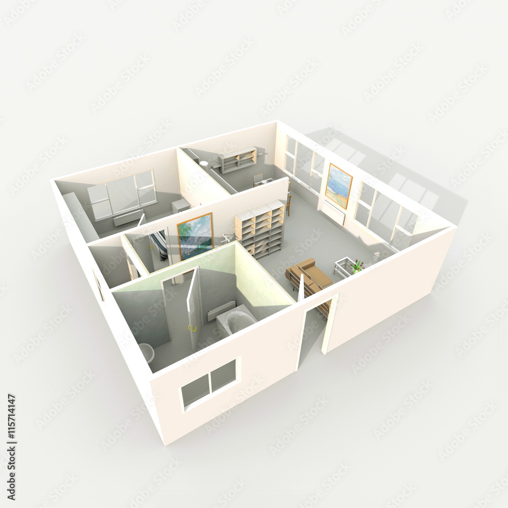3d interior rendering perspective view of furnished home apartment: room, bathroom, bedroom, kitchen, living-room, hall, entrance, door, window, 3d interior rendering perspective view of furnished home apartment: room, bathroom, bedroom, kitchen, living-room, hall, entrance, door, window,
