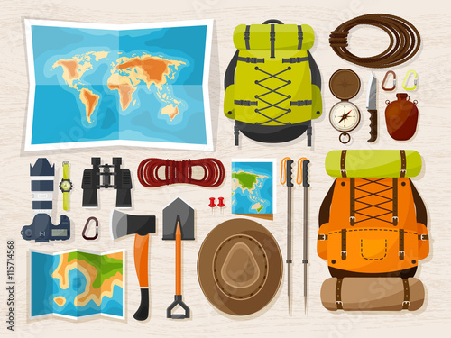 Travel and tourism. Flat style. World, earth map. Globe. Trip, tour, journey, summer holidays. Travelling,exploring worldwide. Adventure,expedition. Table, workplace. Traveler. Navigation or route