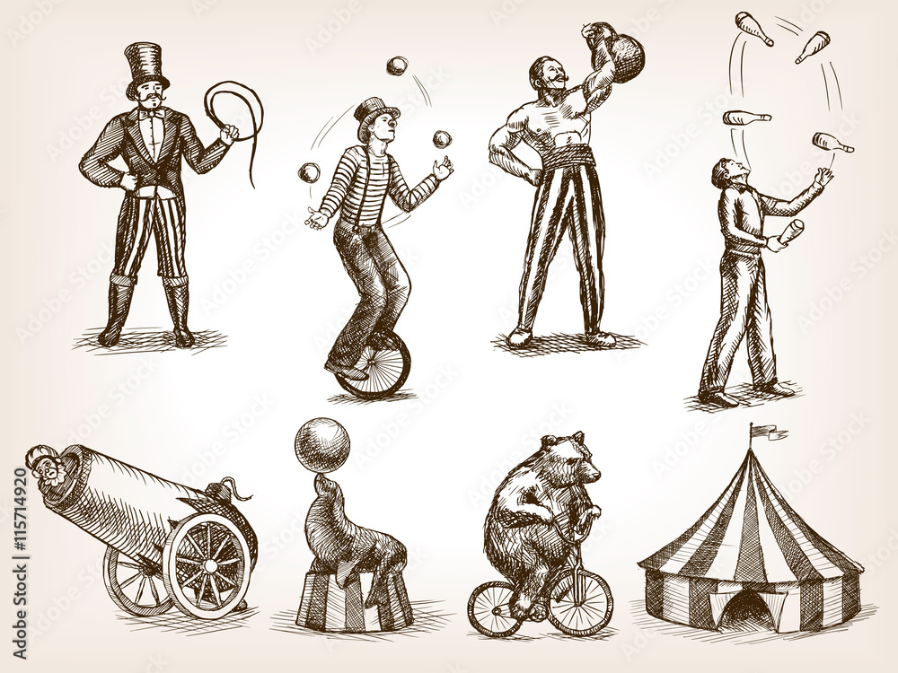 Retro circus performance set sketch vector