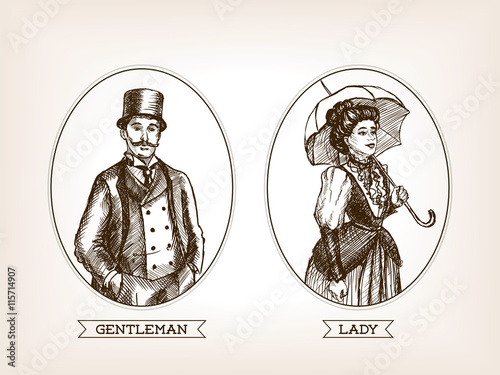 Vintage lady and gentleman sketch style vector