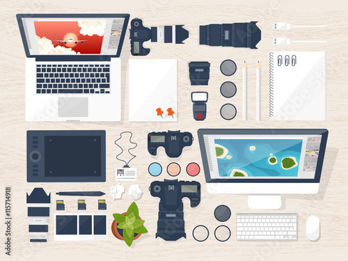 Photographer equipment on a table. Photography tools, photo editing, photoshooting flat background. Digital photocamera with lens. Vector illustration.