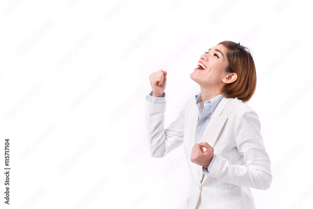 businesswoman shouting, speaking, looking up, studio isolated of businesswoman shouting, speaking, looking up, studio isolated of