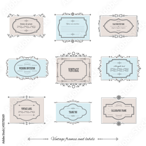 Vintage calligraphic frames and labels set. For invitation card, wedding design.