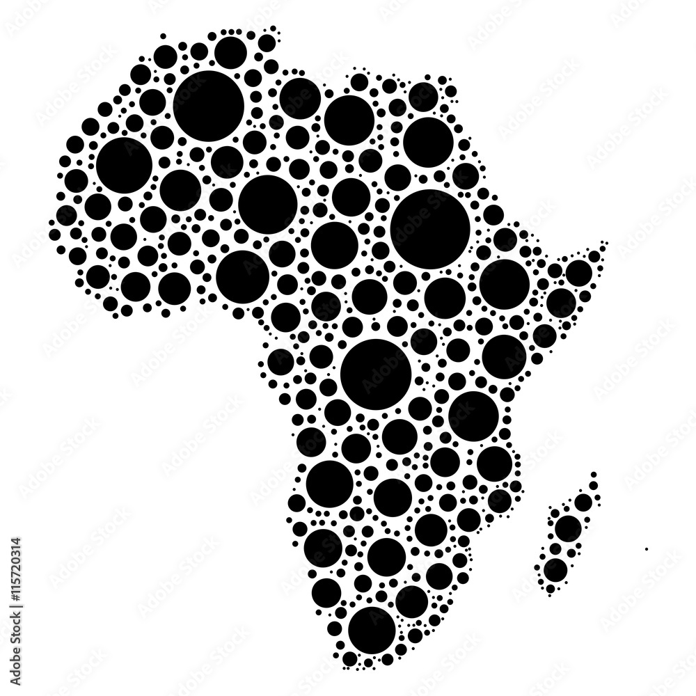 Africa map mosaic of black dots in various sizes on white background. Vector illustration. Africa map mosaic of black dots in various sizes on white background. Vector illustration.