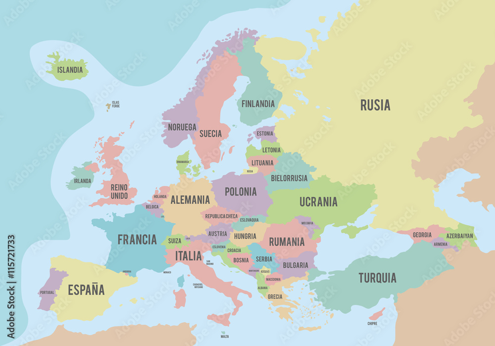 Obraz premium Political map of Europe with different colors for each country a
