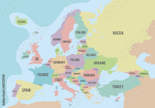 Political map of Europe with different colors for each country a