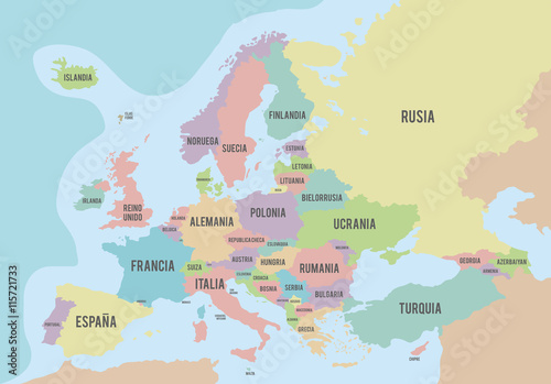 Political map of Europe with different colors for each country a
