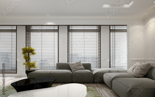 Tableau sur toile Living room interior with blinds and houseplant