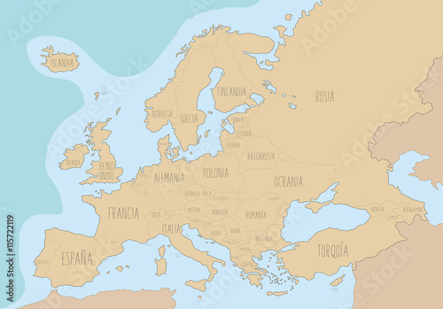 Political map of Europe with names in Spanish. Vector Illustrati