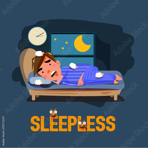 
sleepless man character on the bed with bad emotional feeling. character design. ubhealthy concept - vector illustration

