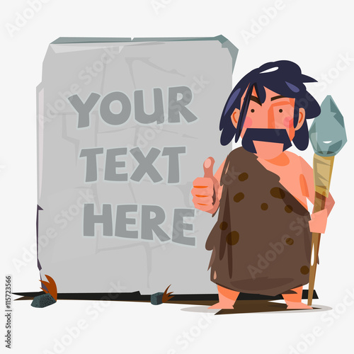caveman with huge stone to replace your text. stone age concept