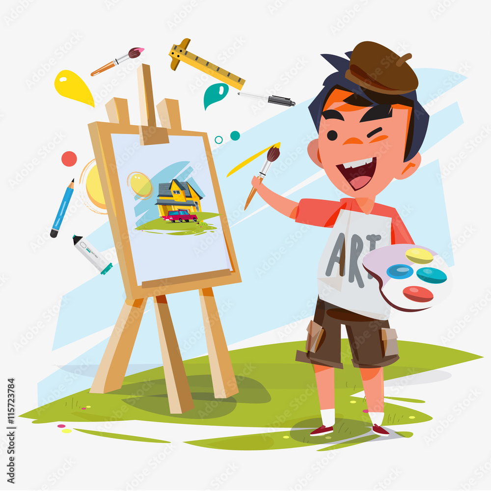 Artist Boy Painting On Canvas With Art Icons. Character Design. - Vector  Illustration Royalty Free SVG, Cliparts, Vectors, and Stock Illustration.  Image 49267138.