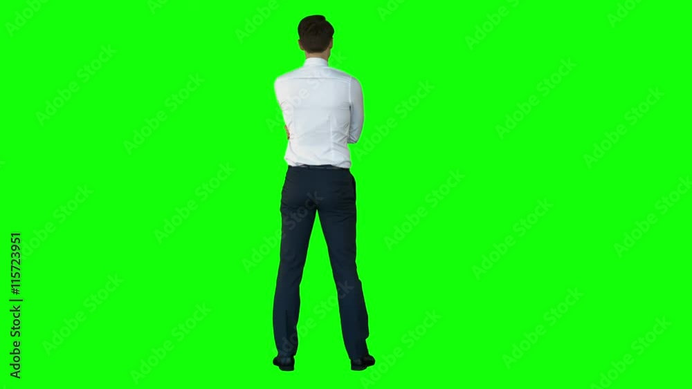 Wear view of businessman thinking on green screen Wear view of businessman thinking on green screen