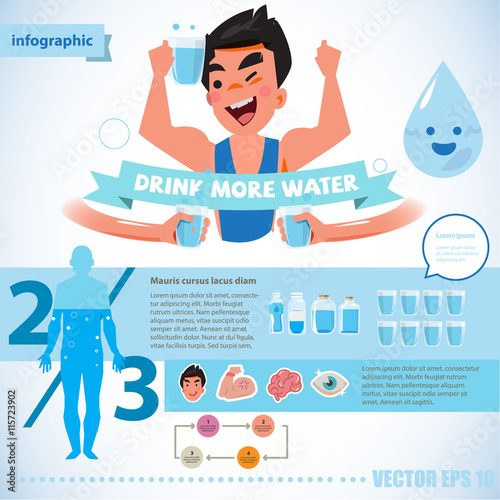 happy fresh man holding glass of water. drink more water for healthy concept. infographic - vector illustration