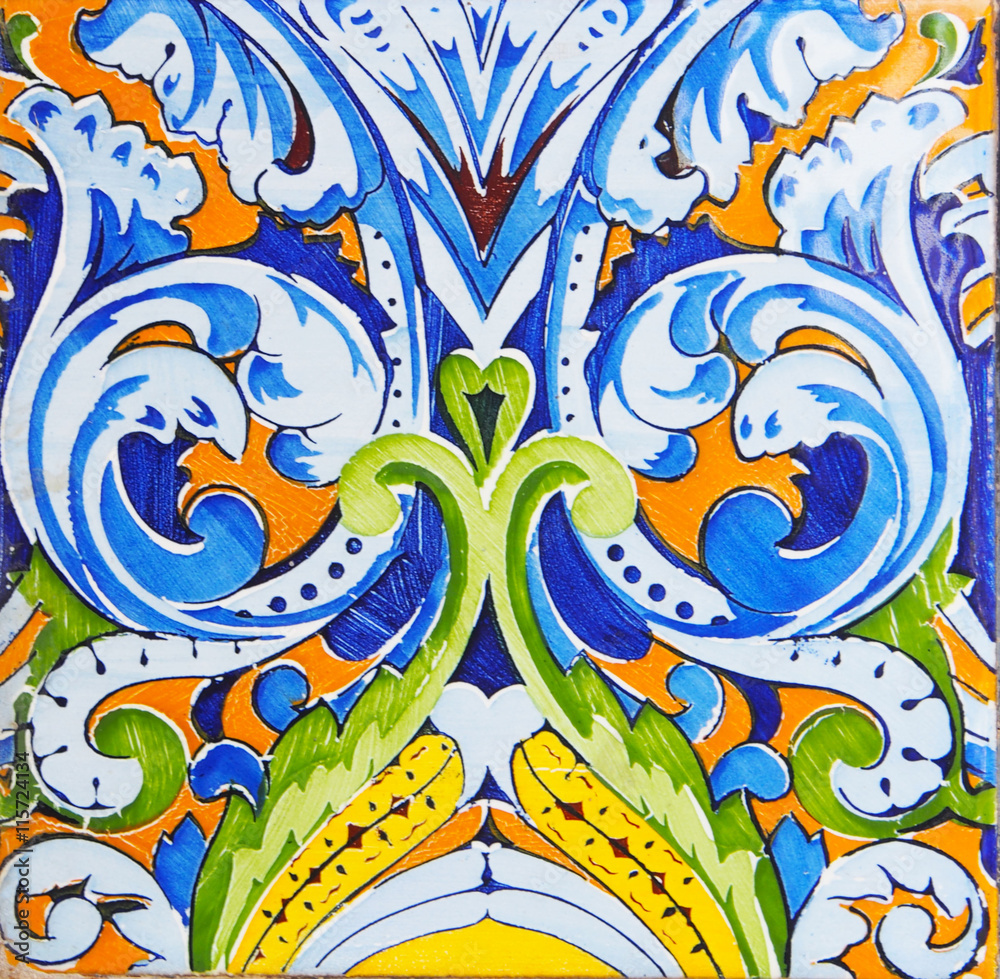 Obraz premium Detail of the traditional tiles from facade of old house in Valencia, Spain