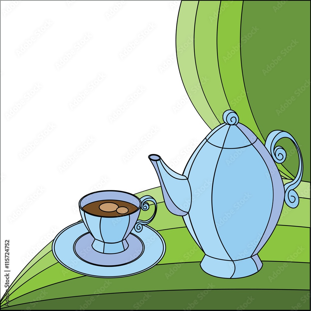 tea Cup , teapot blue on abstract background of green leaves.Vector