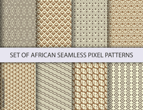 Collection of pixel seamless patterns with african ethnic and tribal ornament. Vector ornaments collection.