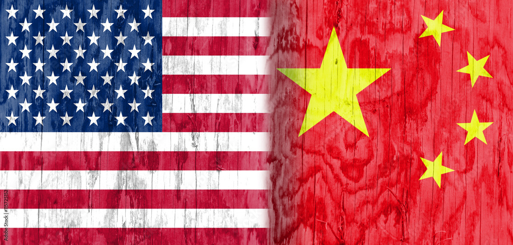 Image relative to politic relationships between United States and China. National flags textured by wood Image relative to politic relationships between United States and China. National flags textured by wood