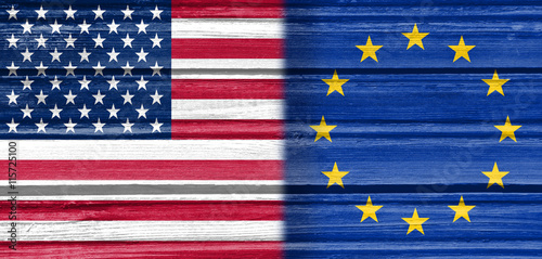 Image relative to politic relationships between United States and European Union. National flags textured by wood.