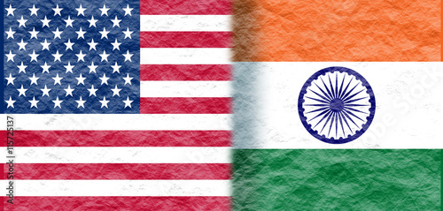 Image relative to politic relationships between United States and India. National flags textured by crumpled paper