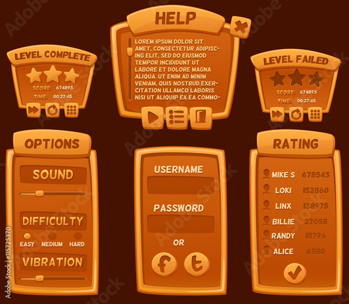 Set of orange cartoon boards and buttons for casual games. Graphic user interface, vector illustration.