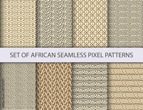 Collection of pixel seamless patterns with african ethnic and tribal ornament. Vector ornaments collection.