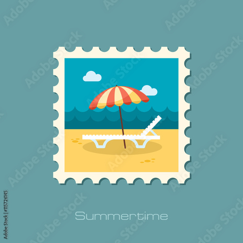 Beach chaise lounge with umbrella stamp. Vacation