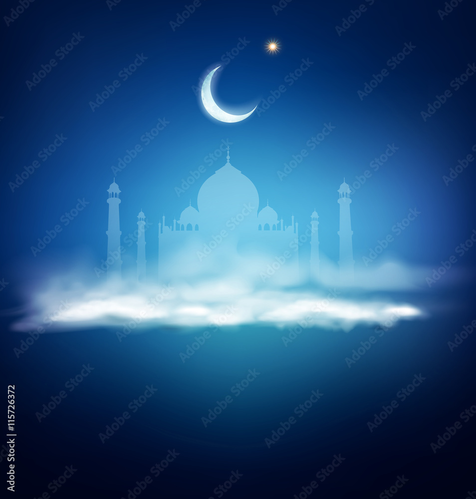 Obraz premium vector background for Ramadan holiday with clouds, mosque, cresc