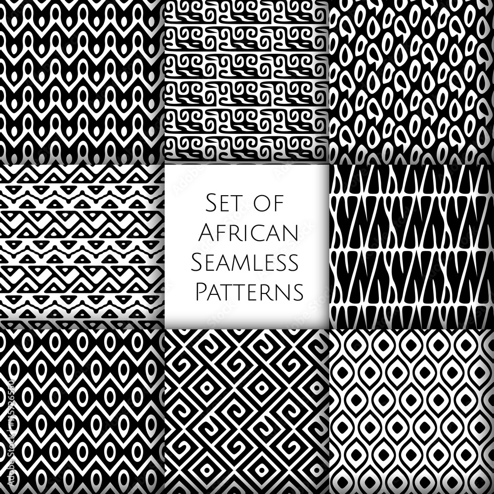 Set of seamless patterns with african ethnic and tribal ornament. Vector black and white boho ornaments collection.