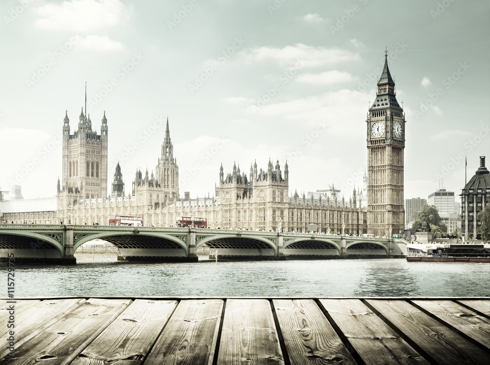 Big Ben and wooden surface, London, UK
