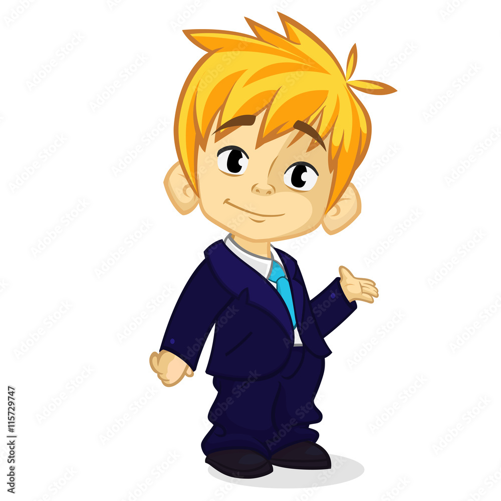 Vector illustration of a blond boy in man's clothes. Cartoon of a young boy  dressed up in a mans business suit presenting Stock Vector | Adobe Stock