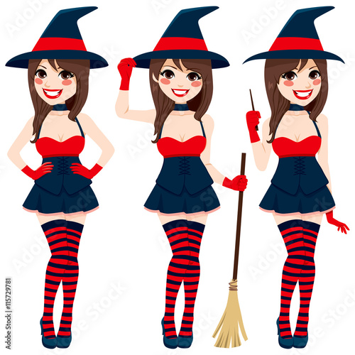 Beautiful sexy brunette witch woman making different poses holding magical wand and broom