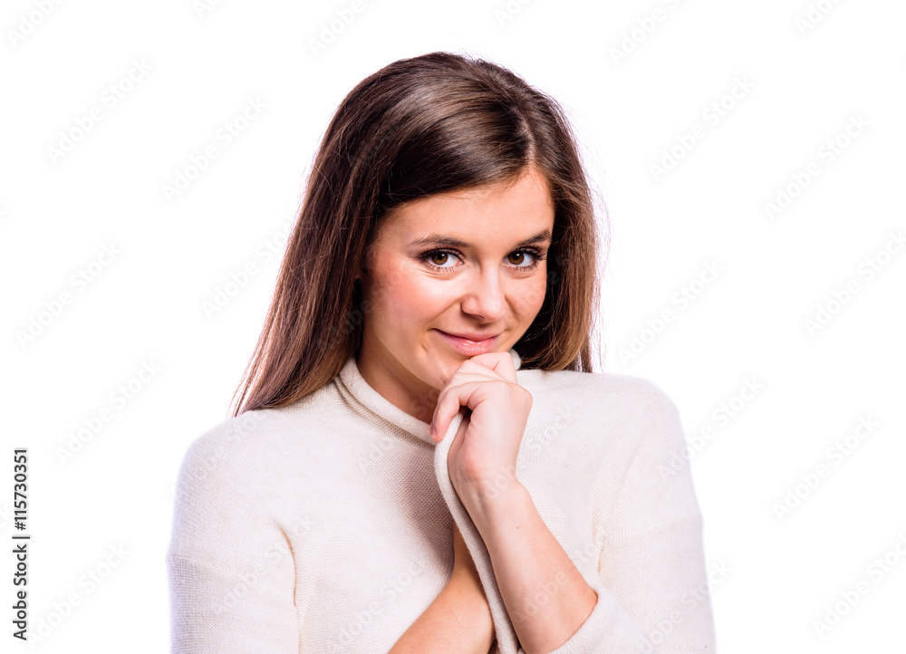 Girl in t-shirt and cardigan, young woman, studio shot Girl in t-shirt and cardigan, young woman, studio shot