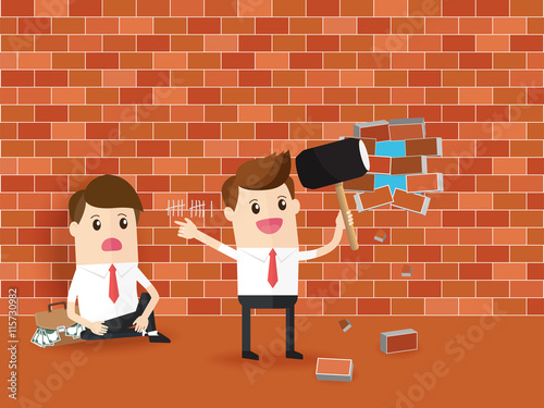 businessman using hammer destroy brick wall with desperate rival sitting on the floor, business competition