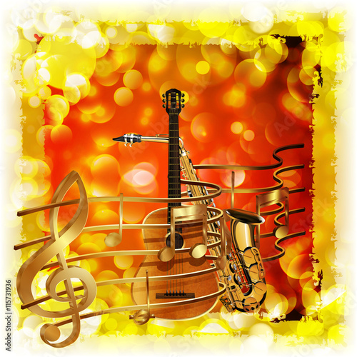 treble clef and a saxophone guitar  bright background with flares